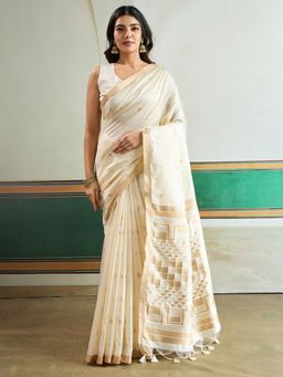Akhilam - Women's Tussar Silk Off White Woven Designer Saree with Unstitched Blouse