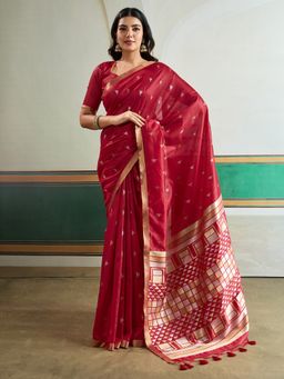 Akhilam - Women's Tussar Silk Maroon Woven Designer Saree with Unstitched Blouse