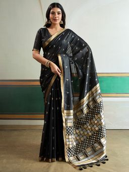 Akhilam - Women's Tussar Silk Black Woven Designer Saree with Unstitched Blouse