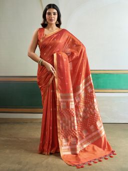 Akhilam - Women's Tussar Silk Orange Woven Designer Saree with Unstitched Blouse