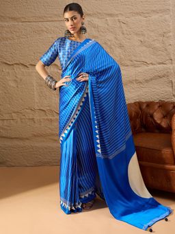 Akhilam - Women's Crepe Blue Printed Designer Saree with Unstitched Blouse