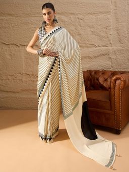 Akhilam - Women's Crepe Cream Printed Designer Saree with Unstitched Blouse