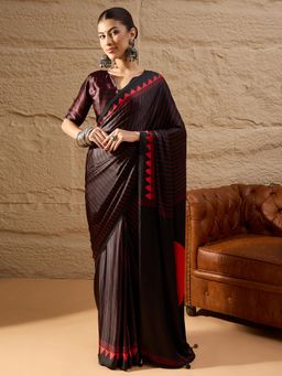 Akhilam - Women's Crepe Black Printed Designer Saree with Unstitched Blouse