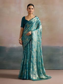 Akhilam - Women's Chiffon Light Blue Printed Designer Saree with Unstitched Blouse
