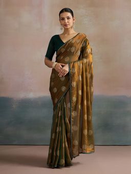 Akhilam - Women's Chiffon Olive Printed Designer Saree with Unstitched Blouse