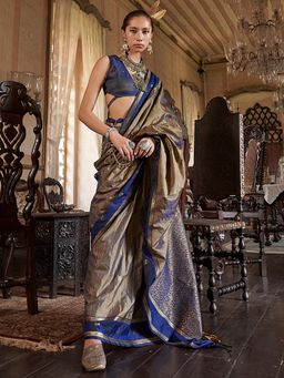 Akhilam - Women's Tussar Silk Gold Woven Designer Saree with Unstitched Blouse