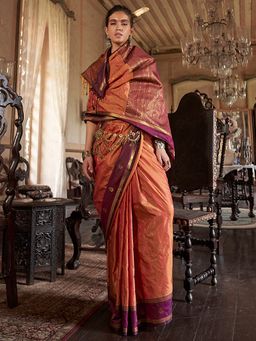 Akhilam - Women's Tussar Silk Orange Woven Designer Saree with Unstitched Blouse