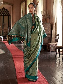 Akhilam - Women's Tussar Silk Light Green Woven Designer Saree with Unstitched Blouse