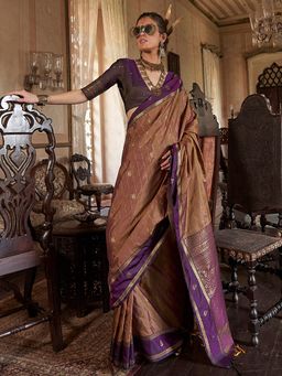 Akhilam - Women's Tussar Silk Beige Woven Designer Saree with Unstitched Blouse