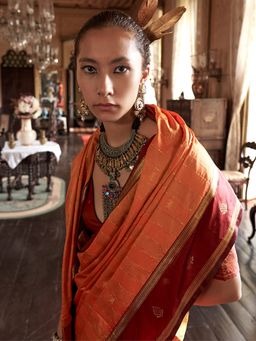 Akhilam - Women's Tussar Silk Orange Woven Designer Saree with Unstitched Blouse