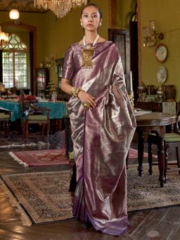 Akhilam - Women's Kanjivaram Silk Purple Woven Designer Saree with Unstitched Blouse