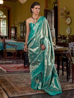 Akhilam - Women's Kanjivaram Silk Teal Green Woven Saree with Unstitched Blouse