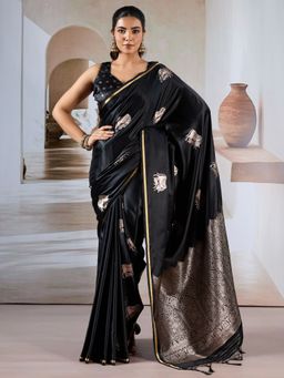 Akhilam - Women's Satin Black Woven Designer Saree with Unstitched Blouse