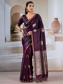 Akhilam - Women's Satin Purple Woven Designer Saree with Unstitched Blouse