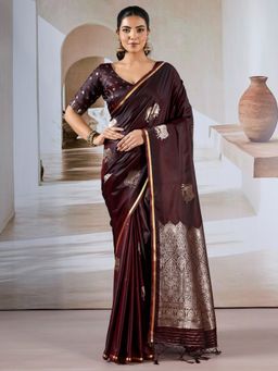 Akhilam - Women's Satin Maroon Woven Designer Saree with Unstitched Blouse