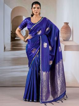 Akhilam - Women's Satin Blue Woven Designer Saree with Unstitched Blouse