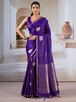 Akhilam - Women's Satin Purple Woven Designer Saree with Unstitched Blouse