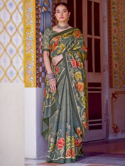 Akhilam - Women's Silk Blend Printed Designer Saree with Unstitched Blouse