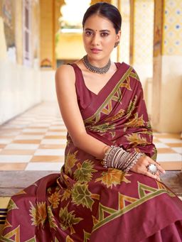 Akhilam - Women's Silk Blend Maroon Printed Designer Saree with Unstitched Blouse