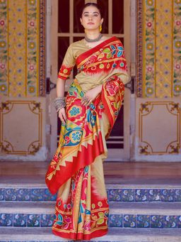 Akhilam - Women's Silk Blend Multi-Coloured Printed Saree with Unstitched Blouse