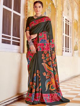 Akhilam - Women's Silk Blend Black Printed Designer Saree with Unstitched Blouse