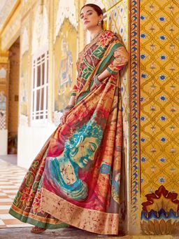 Akhilam - Women's Silk Blend Multi-Coloured Printed Saree with Unstitched Blouse