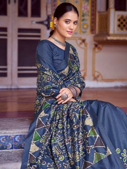 Akhilam - Women's Silk Blend Navy Blue Printed Designer Saree with Unstitched Blouse