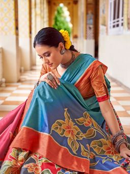 Akhilam - Women's Silk Blend Multi-Coloured Printed Saree with Unstitched Blouse