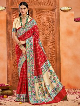 Akhilam - Women's Tussar Silk Red Printed Designer Saree with Unstitched Blouse