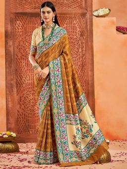 Akhilam - Women's Tussar Silk Mustard Printed Designer Saree with Unstitched Blouse