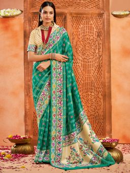 Akhilam - Women's Tussar Silk Turquoise Printed Designer Saree with Unstitched Blouse