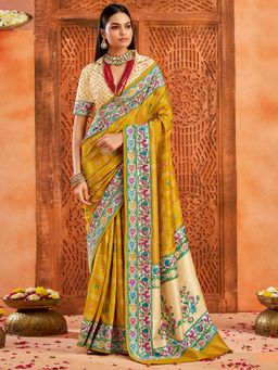 Akhilam - Women's Tussar Silk Yellow Printed Designer Saree with Unstitched Blouse