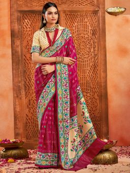 Akhilam - Women's Tussar Silk Pink Printed Designer Saree with Unstitched Blouse