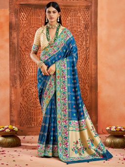 Akhilam - Women's Tussar Silk Blue Printed Designer Saree with Unstitched Blouse