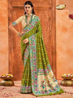 Akhilam - Women's Tussar Silk Olive Printed Designer Saree with Unstitched Blouse