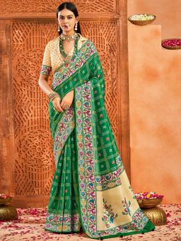 Akhilam - Women's Tussar Silk Green Printed Designer Saree with Unstitched Blouse
