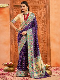 Akhilam - Women's Tussar Silk Purple Printed Designer Saree with Unstitched Blouse