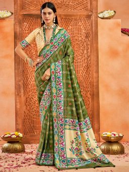 Akhilam - Women's Tussar Silk Green Printed Designer Saree with Unstitched Blouse