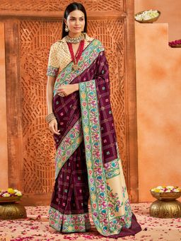 Akhilam - Women's Tussar Silk Burgundy Printed Designer Saree with Unstitched Blouse