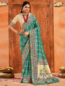 Akhilam - Women's Tussar Silk Turquoise Printed Designer Saree with Unstitched Blouse