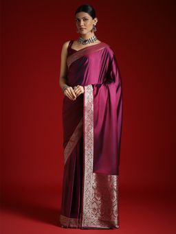 Akhilam - Women's Satin Silk Magenta Woven Designer Saree with Unstitched Blouse