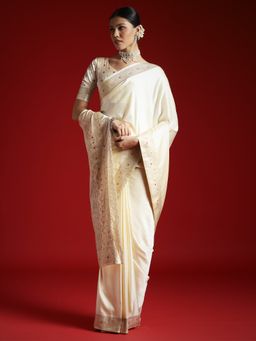Akhilam - Women's Satin Silk Cream Woven Designer Saree with Unstitched Blouse