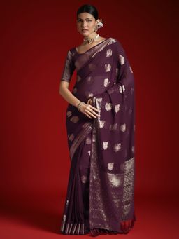Akhilam - Women's Georgette Burgundy Woven Designer Saree with Unstitched Blouse