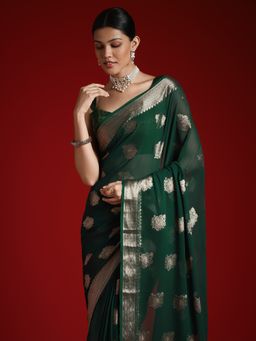 Akhilam - Women's Georgette Green Woven Designer Saree with Unstitched Blouse