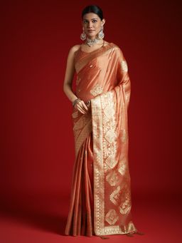 Akhilam - Women's Satin Coral Woven Designer Saree with Unstitched Blouse