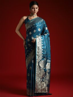 Akhilam - Women's Satin Teal Blue Woven Designer Saree with Unstitched Blouse
