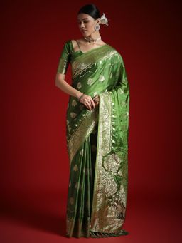 Akhilam - Women's Satin Light Green Woven Designer Saree with Unstitched Blouse