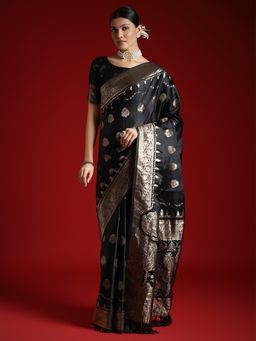 Akhilam - Women's Satin Black Woven Designer Saree with Unstitched Blouse
