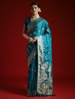 Akhilam - Women's Satin Light Blue Woven Designer Saree with Unstitched Blouse