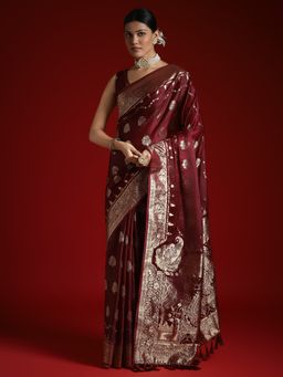 Akhilam - Women's Satin Burgundy Woven Designer Saree with Unstitched Blouse